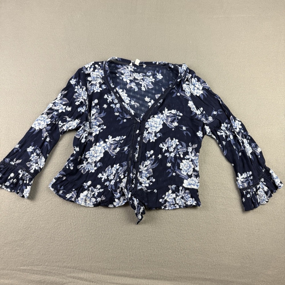 American Eagle Outfitters AEO Blouse Size M ‎ Blue Floral Bell Sleeves Sheer
